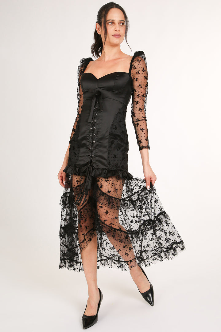 Cathy Embroidered Mesh & Satin Corset Maxi Slip Dress