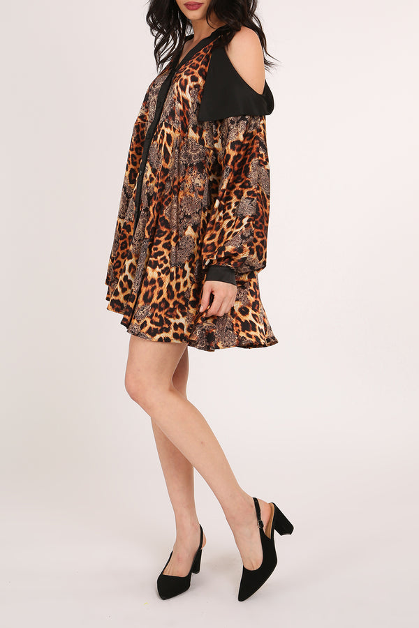 Francis Paisley & Animal Print Satin Mini Shirt Dress