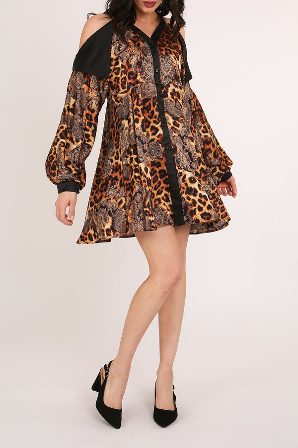 Francis Paisley & Animal Print Satin Mini Shirt Dress