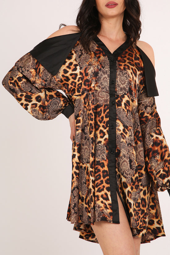 Francis Paisley & Animal Print Satin Mini Shirt Dress - Shop Beulah Style