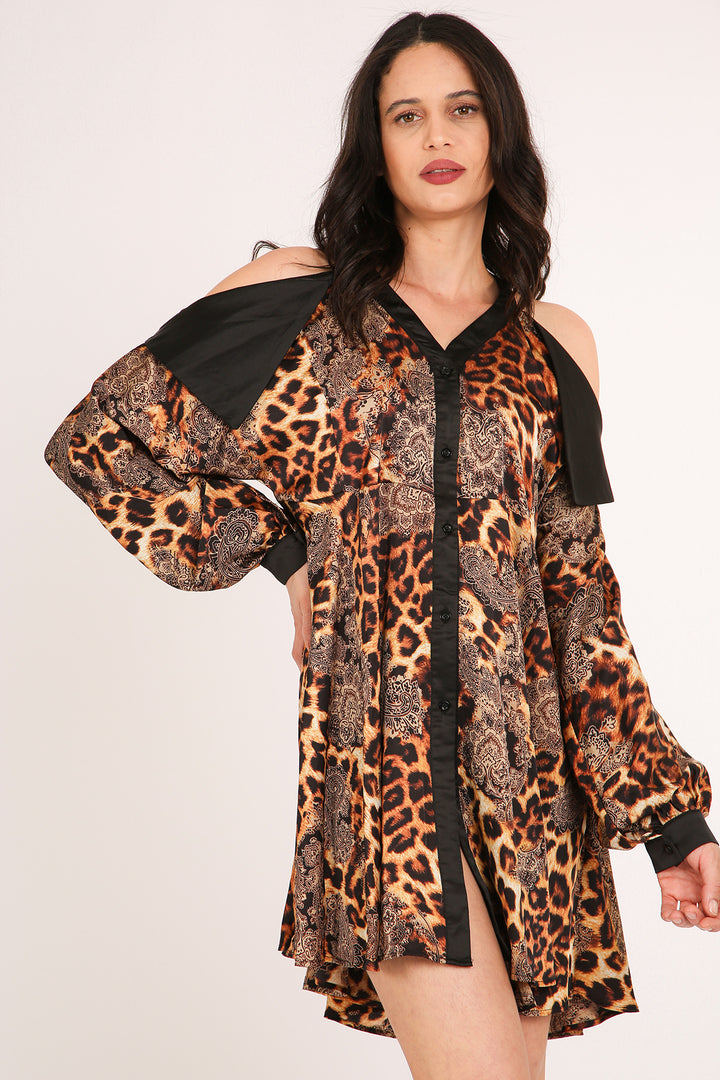 Francis Paisley & Animal Print Satin Mini Shirt Dress - Shop Beulah Style