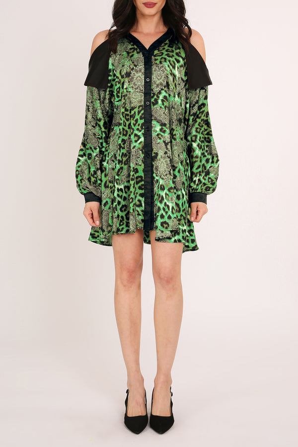Francis Paisley & Animal Print Satin Mini Shirt Dress