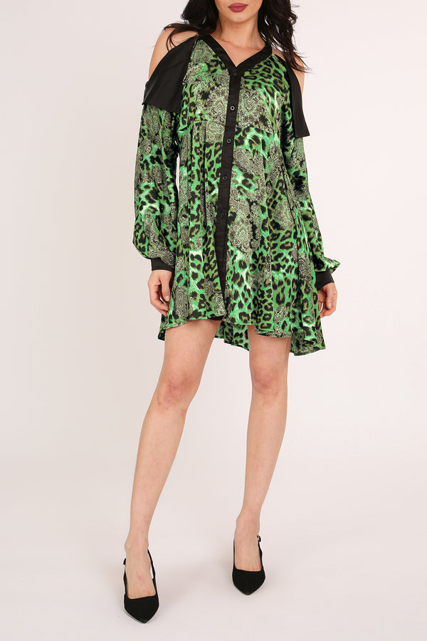 Francis Paisley & Animal Print Satin Mini Shirt Dress