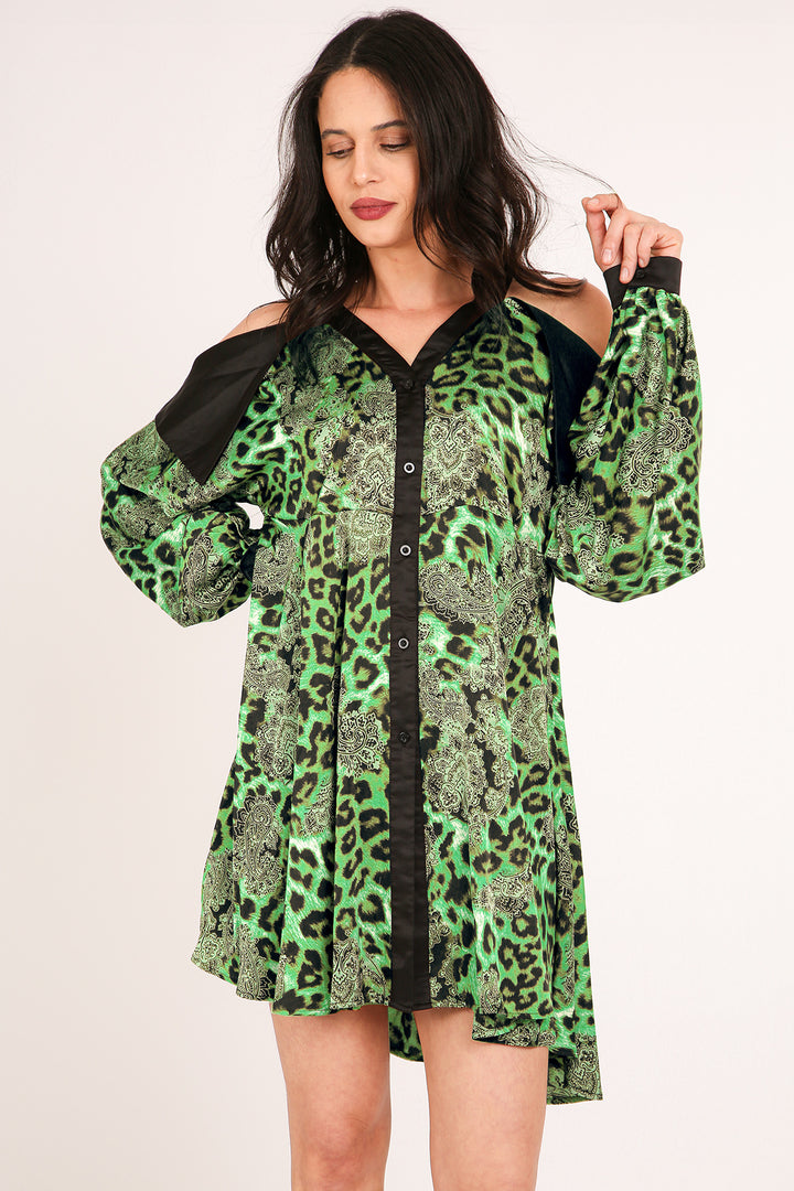 Francis Paisley & Animal Print Satin Mini Shirt Dress - Shop Beulah Style