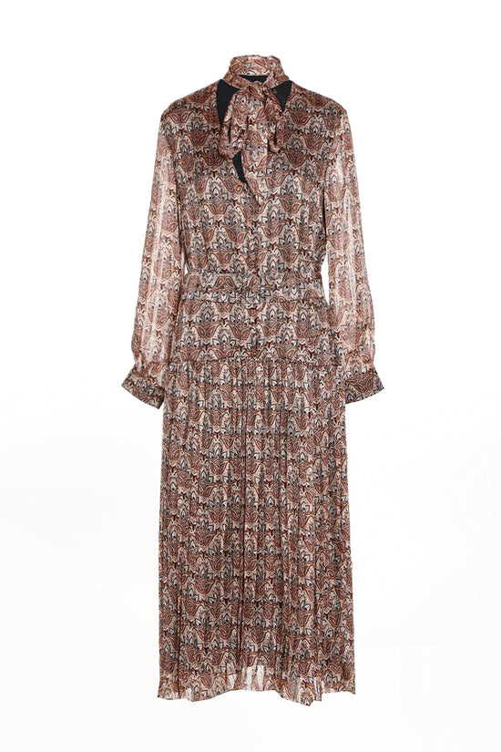 Multi-Print Paisley Pleated Bowtie Sheer Maxi Dress