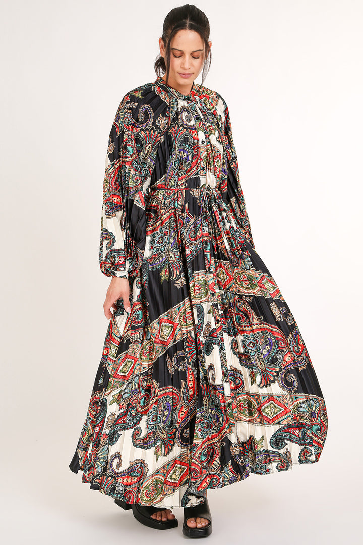 Ellen Multicolor Abstract Paisley Print Pleated Maxi Dress