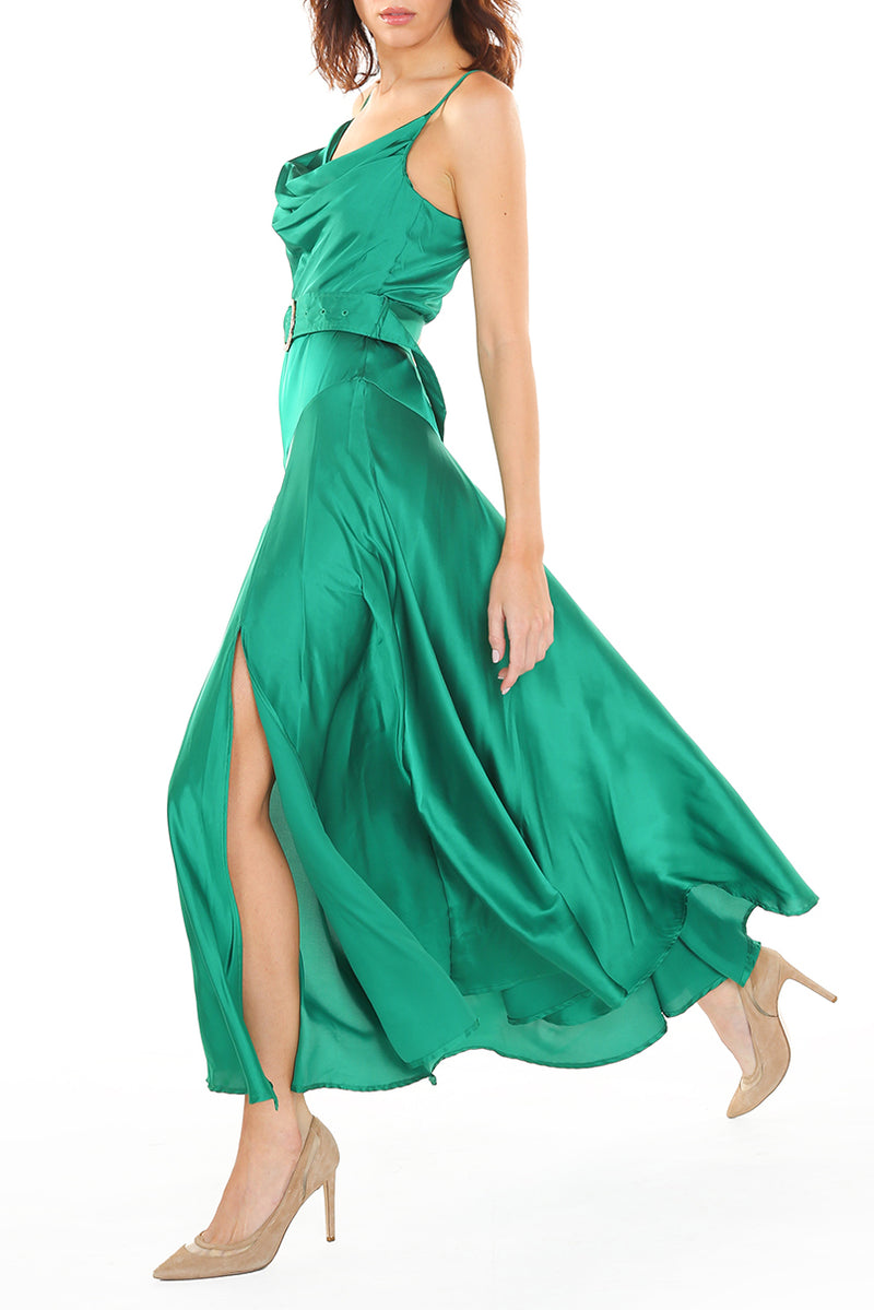 Pleated Cowl-Neck Sleeveless Satin Dress - Shop Beulah Style