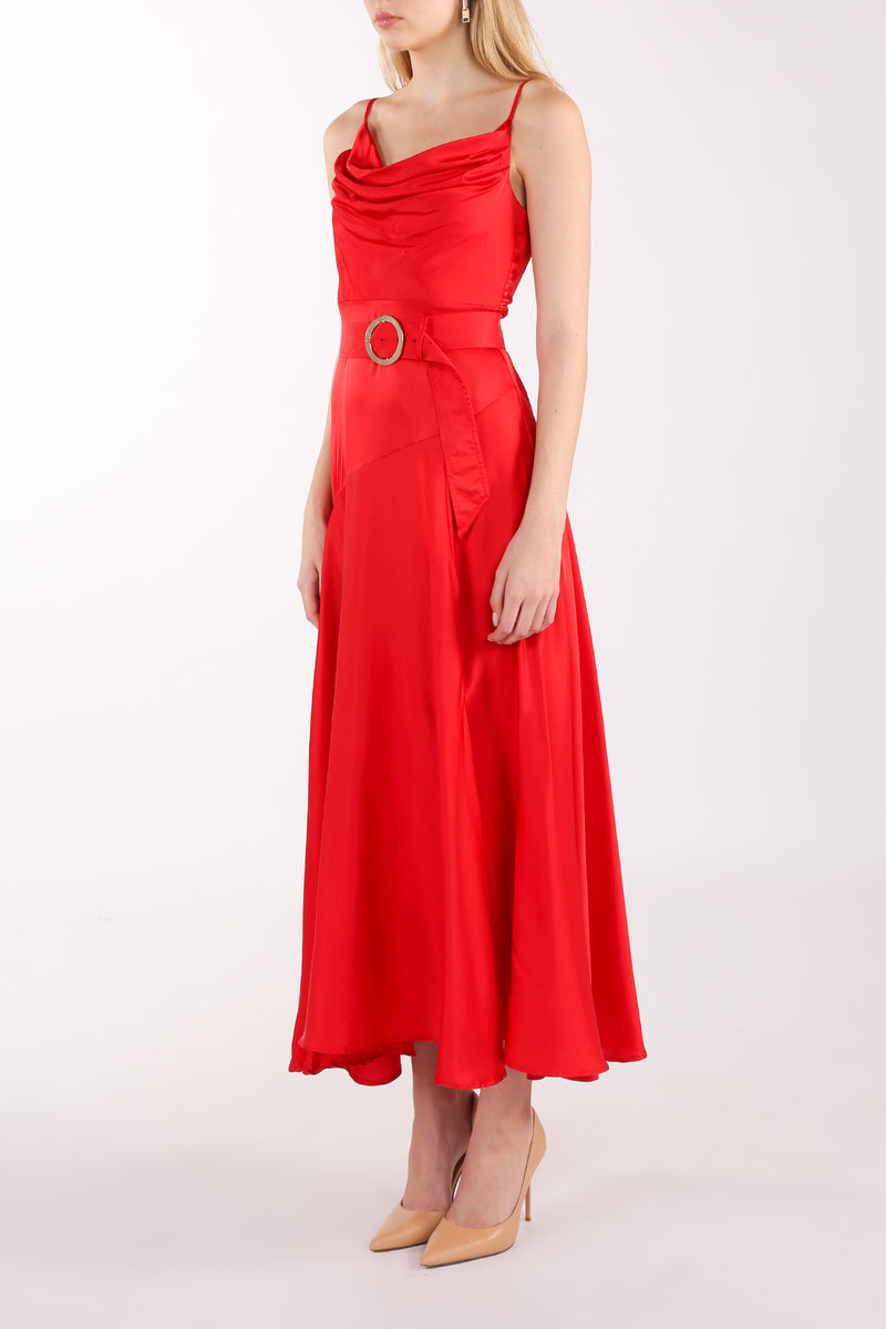 Jennifer Pleated Cowl-Neck Sleeveless Satin Dress - Shop Beulah Style