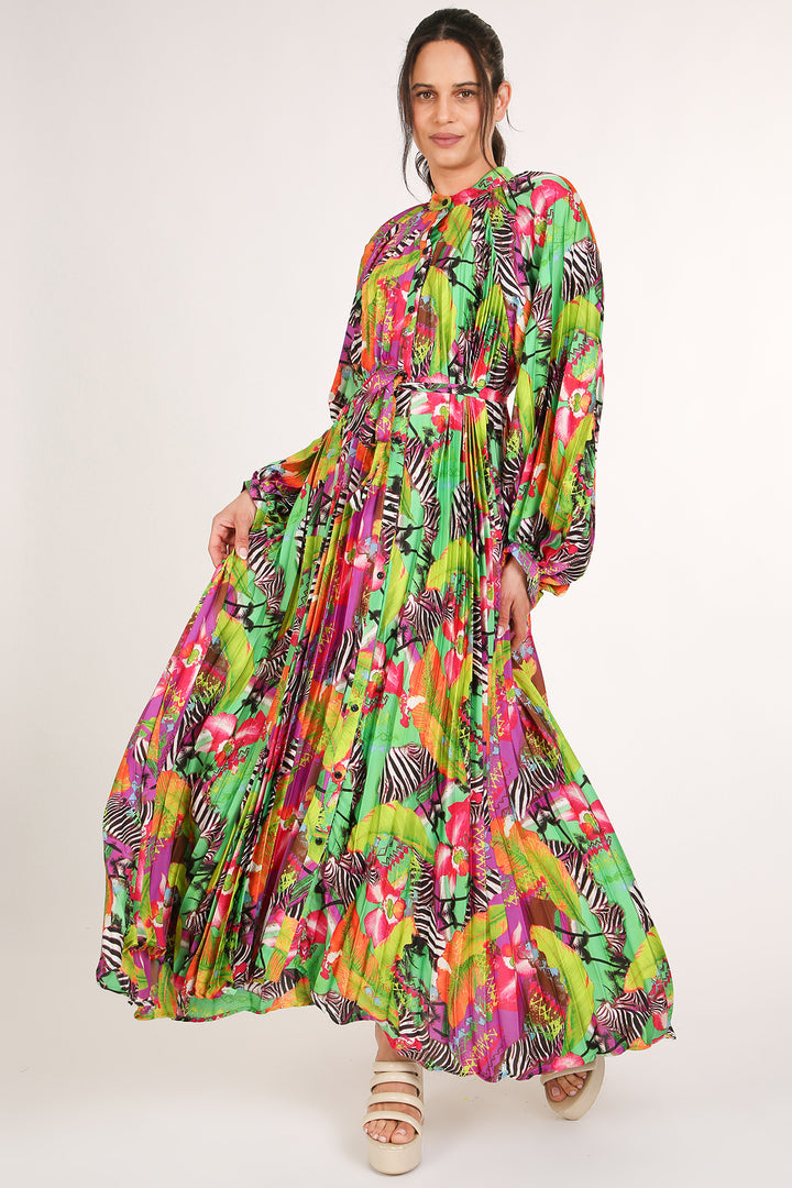 Jean Multicolor Safari Print Pleated Maxi Dress