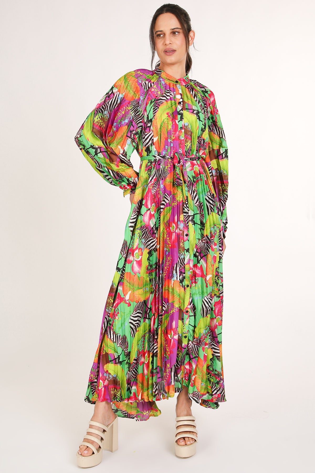 Jean Multicolor Safari Print Pleated Maxi Dress - Shop Beulah Style