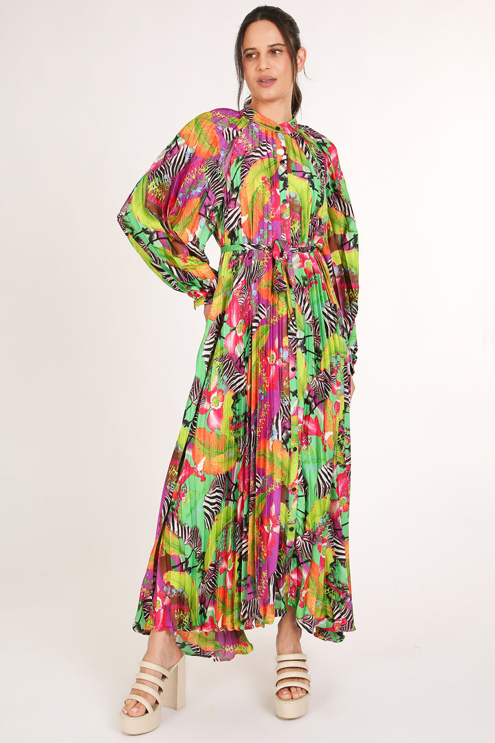 Jean Multicolor Safari Print Pleated Maxi Dress