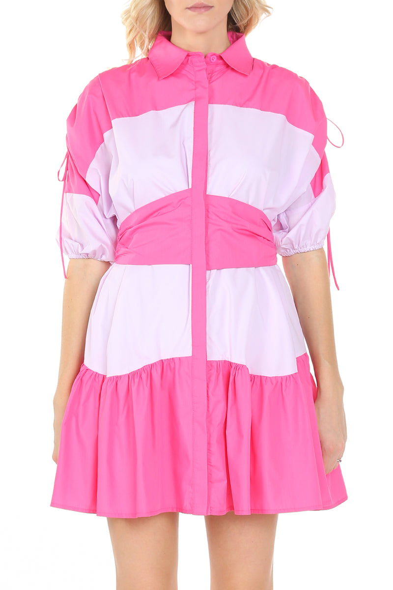 Brian Dual Colorblock Back Ribbon Midi Shirt Dress