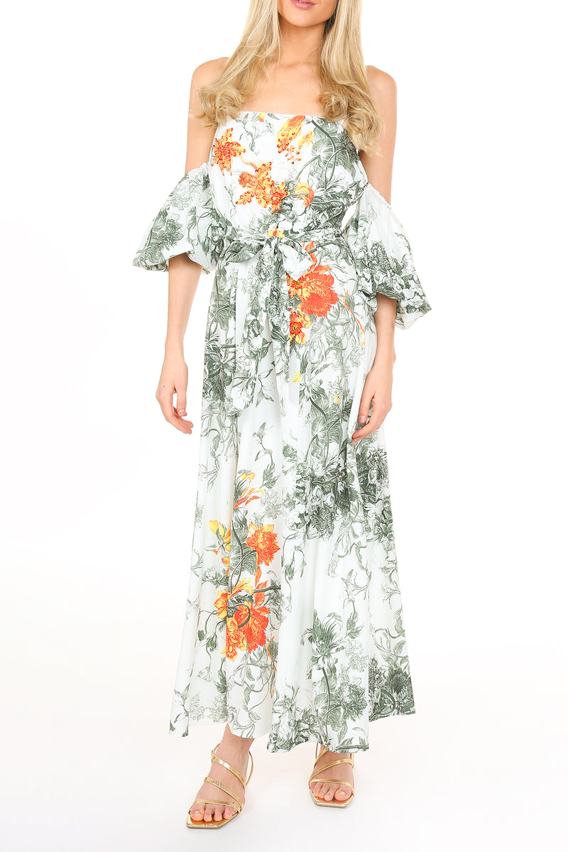 Eric Off Shoulder Hawaiian Floral Print Maxi Dress