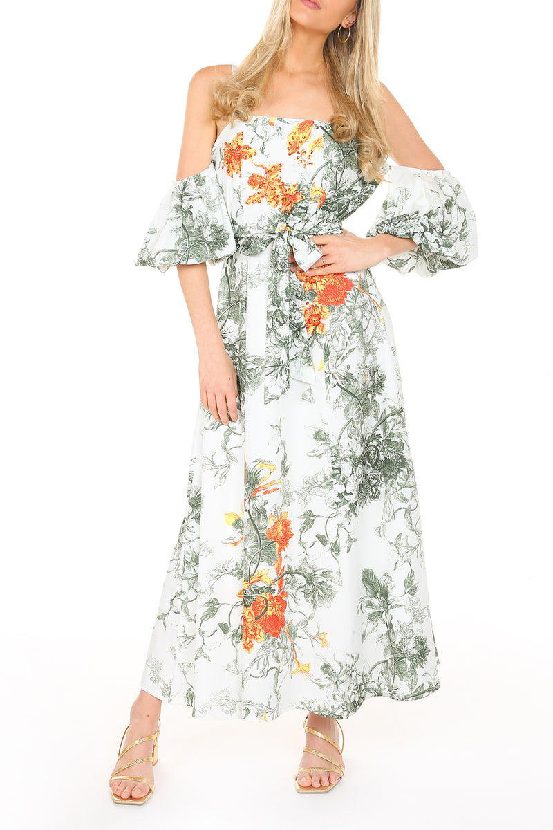 Eric Off Shoulder Hawaiian Floral Print Maxi Dress