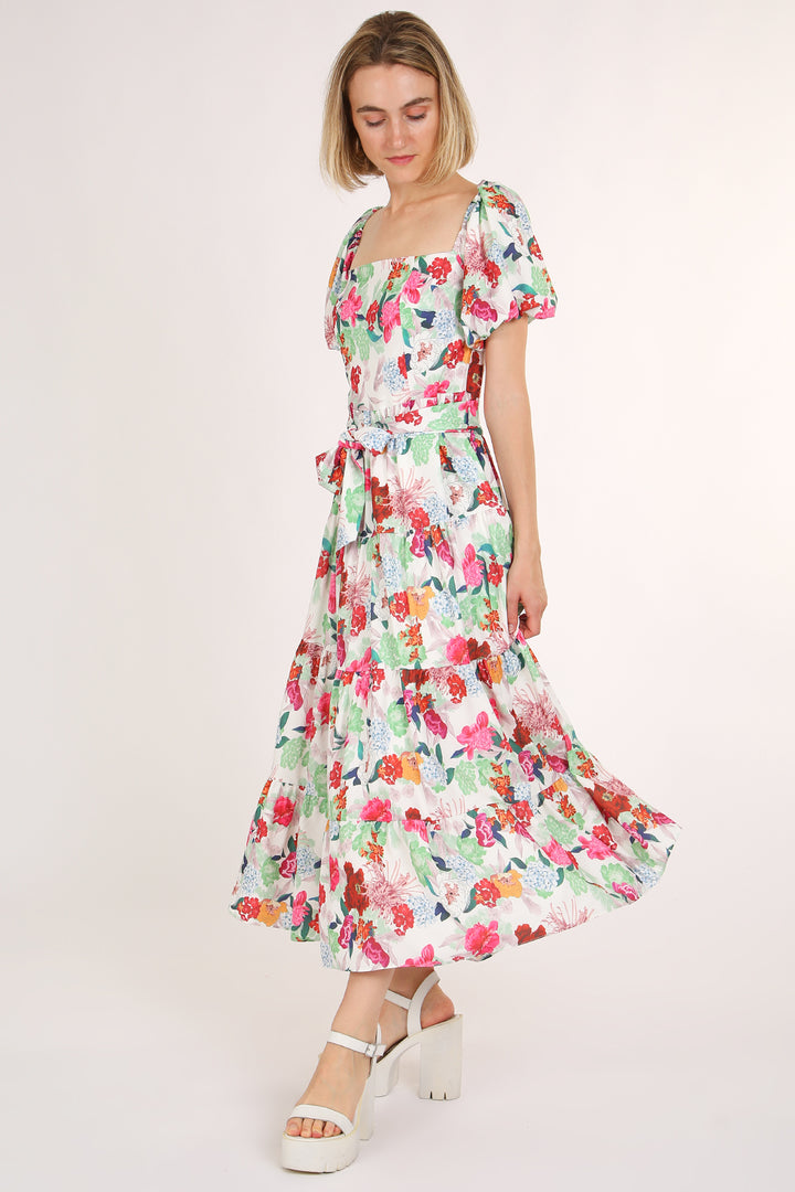 Cameron Floral Printed Square Puff Tiered Maxi Dress