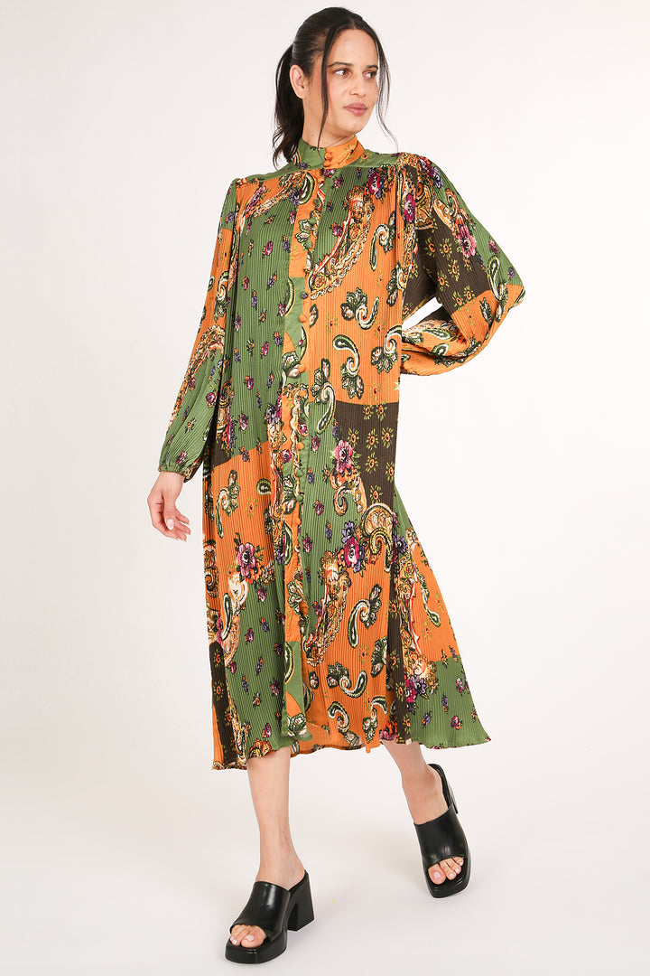 Jack Floral Paisley Print Pleated Button Down Midi Dress