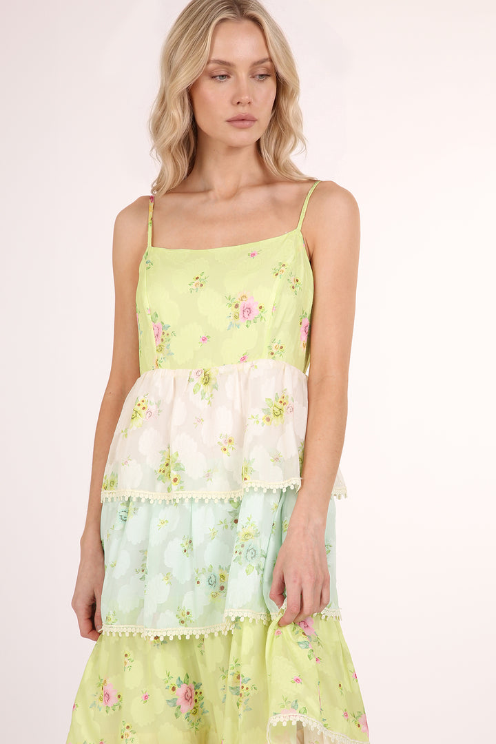 Jacky Floral Print Lace Trim Tiered Maxi Slip Dress - Shop Beulah Style