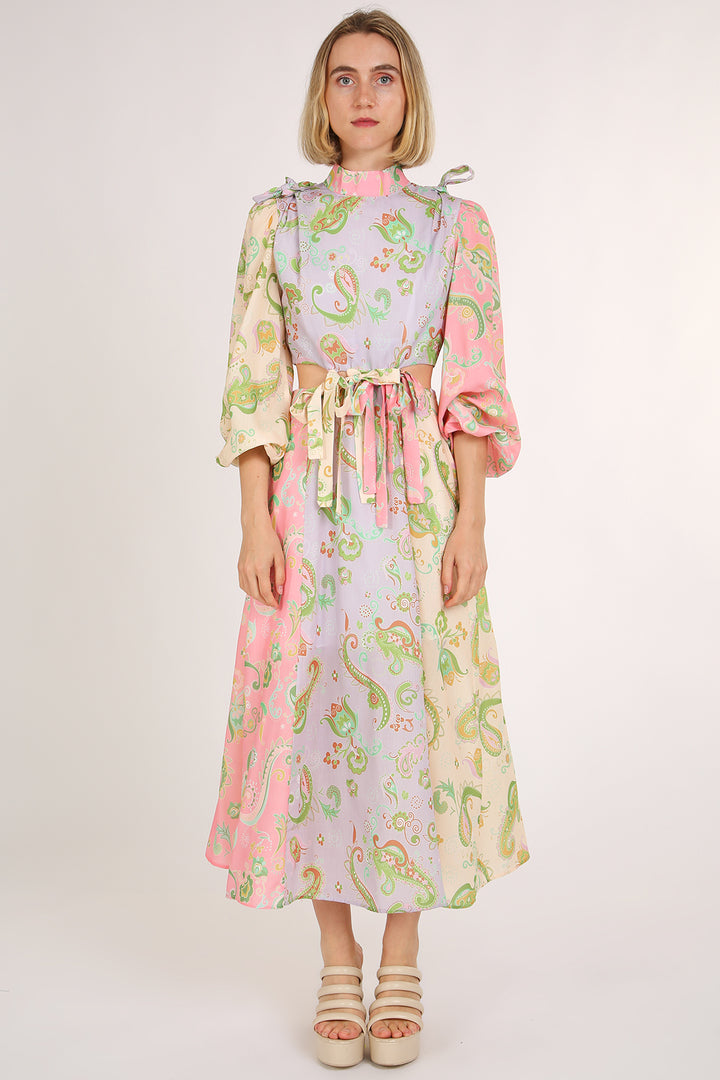 Meredith Colorblock Paisley Print Cutout Bust Tie Maxi Dress