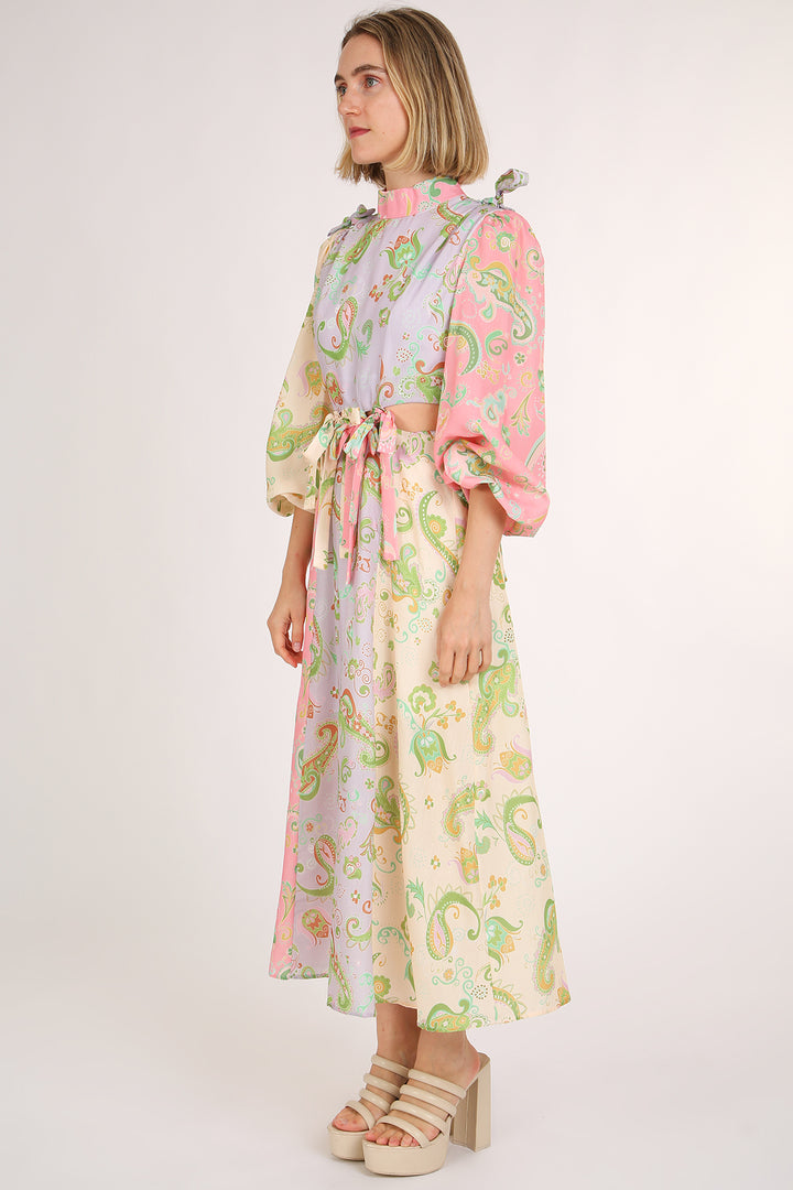 Meredith Colorblock Paisley Print Cutout Bust Tie Maxi Dress