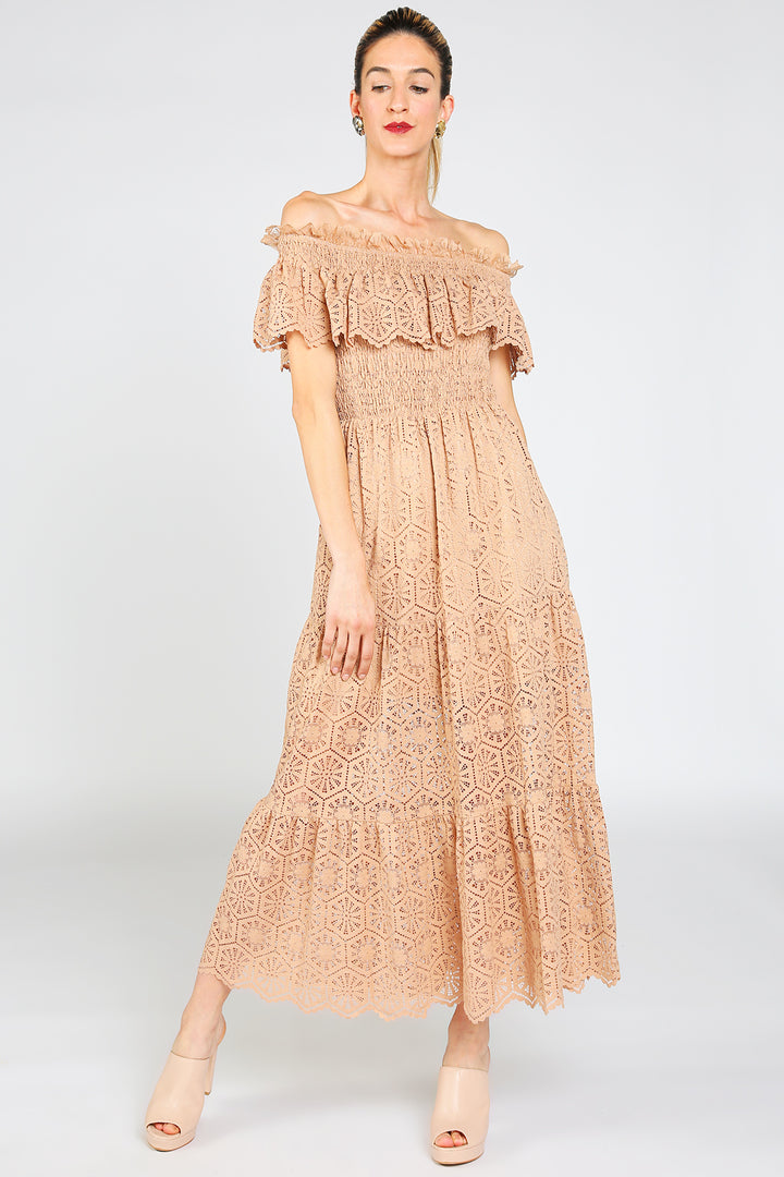 Kerry Geometric Lace Detail Smocked Maxi Dress - Shop Beulah Style