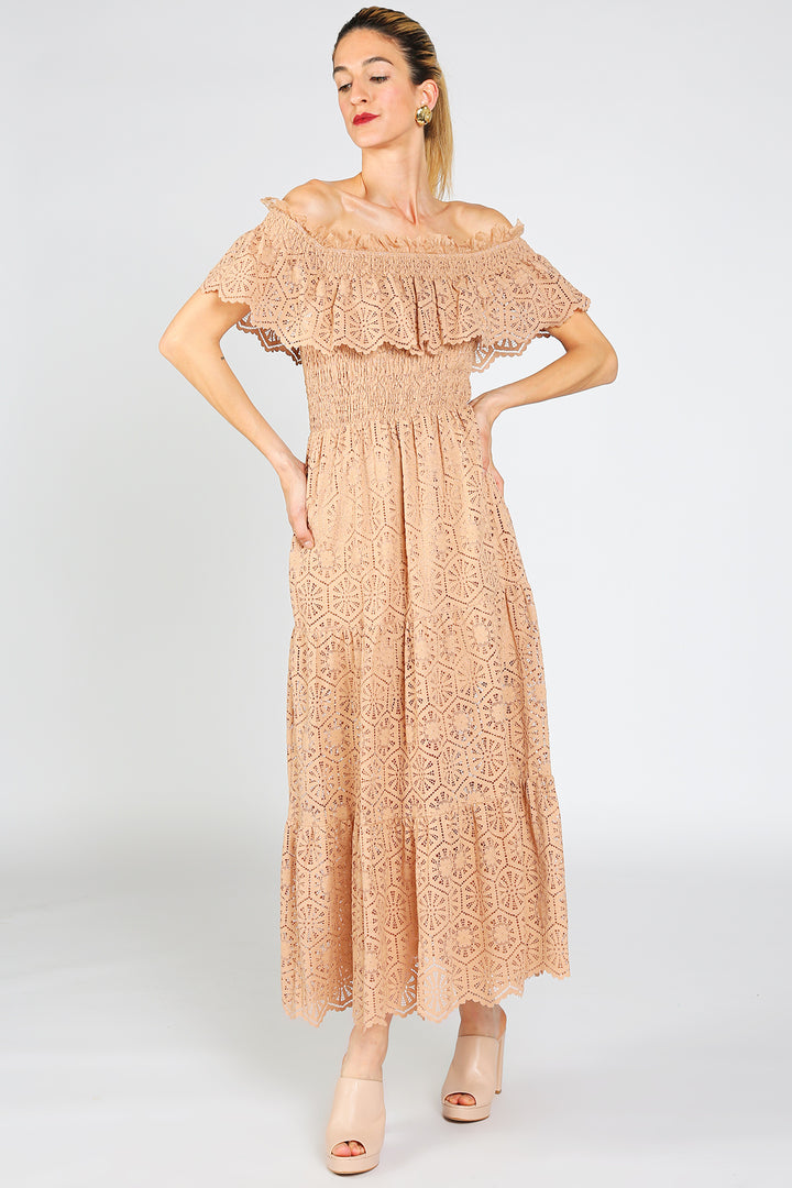 Kerry Geometric Lace Detail Smocked Maxi Dress - Shop Beulah Style
