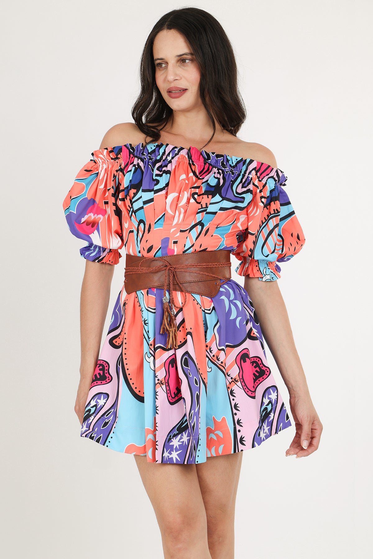 Anita Frill Trim Detail Off Shoulder Belted Mini Dress - Shop Beulah Style