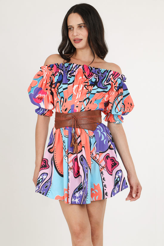 Anita Frill Trim Detail Off Shoulder Belted Mini Dress - Shop Beulah Style