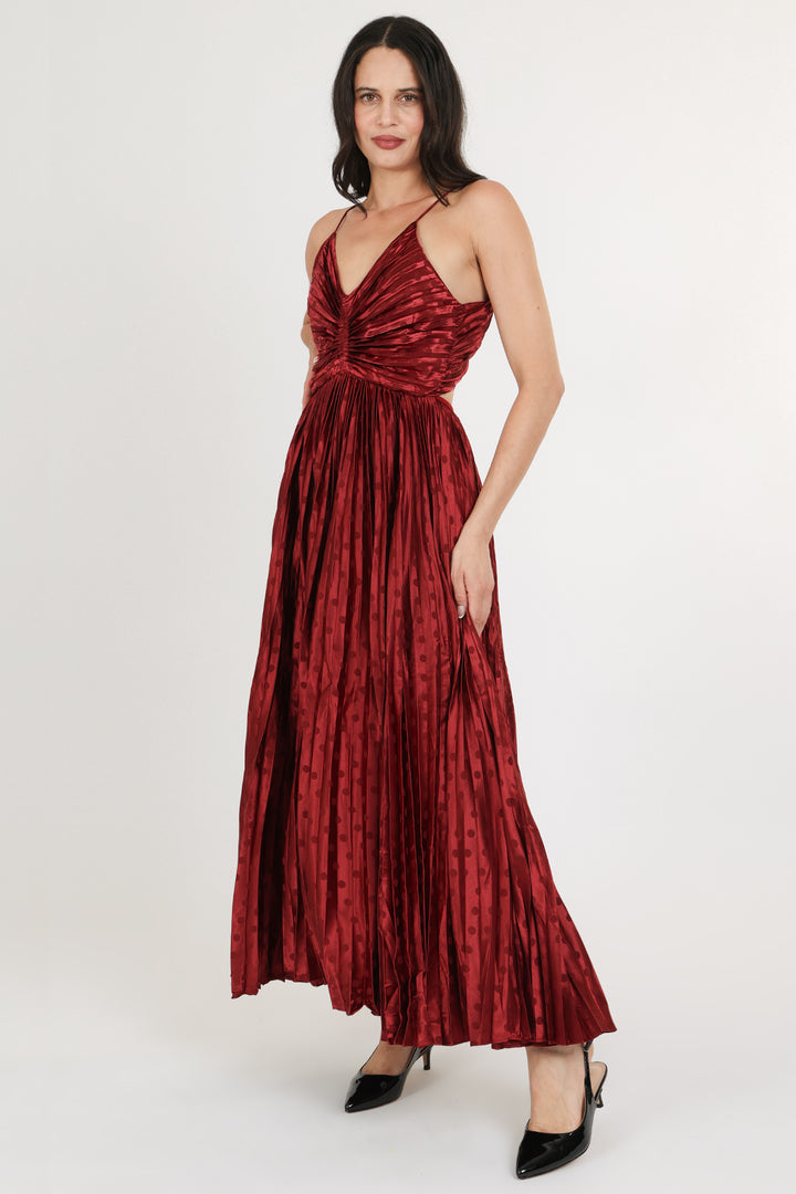 Dolly Dotted Pleats Satin Sweetheart Maxi Dress