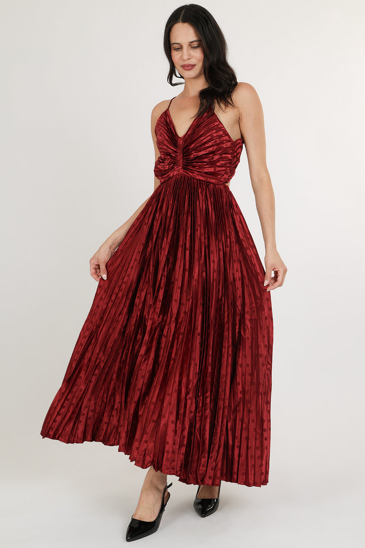 Dolly Dotted Pleats Satin Sweetheart Maxi Dress