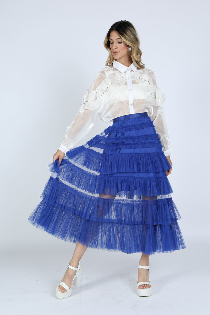 Claire Frilled And Ruffled Mesh Maxi Skirt - Shop Beulah Style