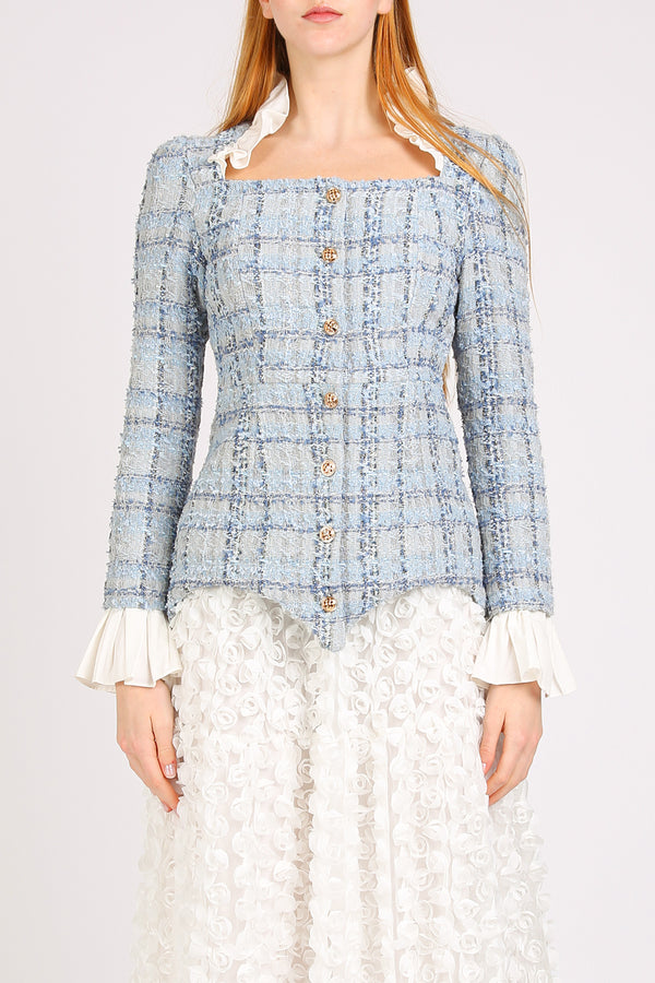 Izzy Ruffled Trim Tweed Square Neck Jacket