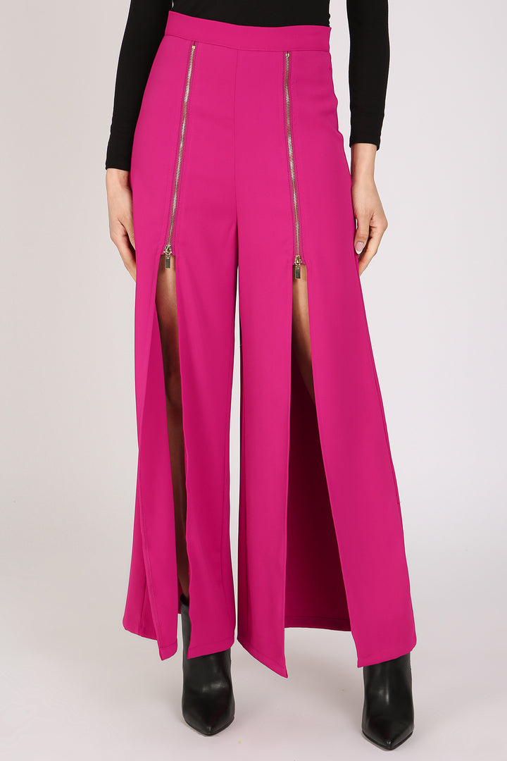 Macey Front Zippered Slit Details Wide Long Pants
