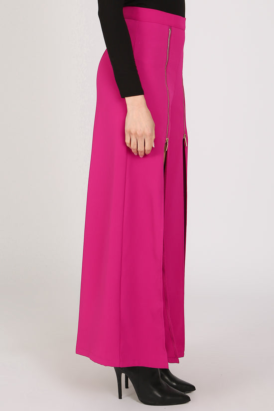 Macey Front Zippered Slit Details Wide Long Pants - Shop Beulah Style