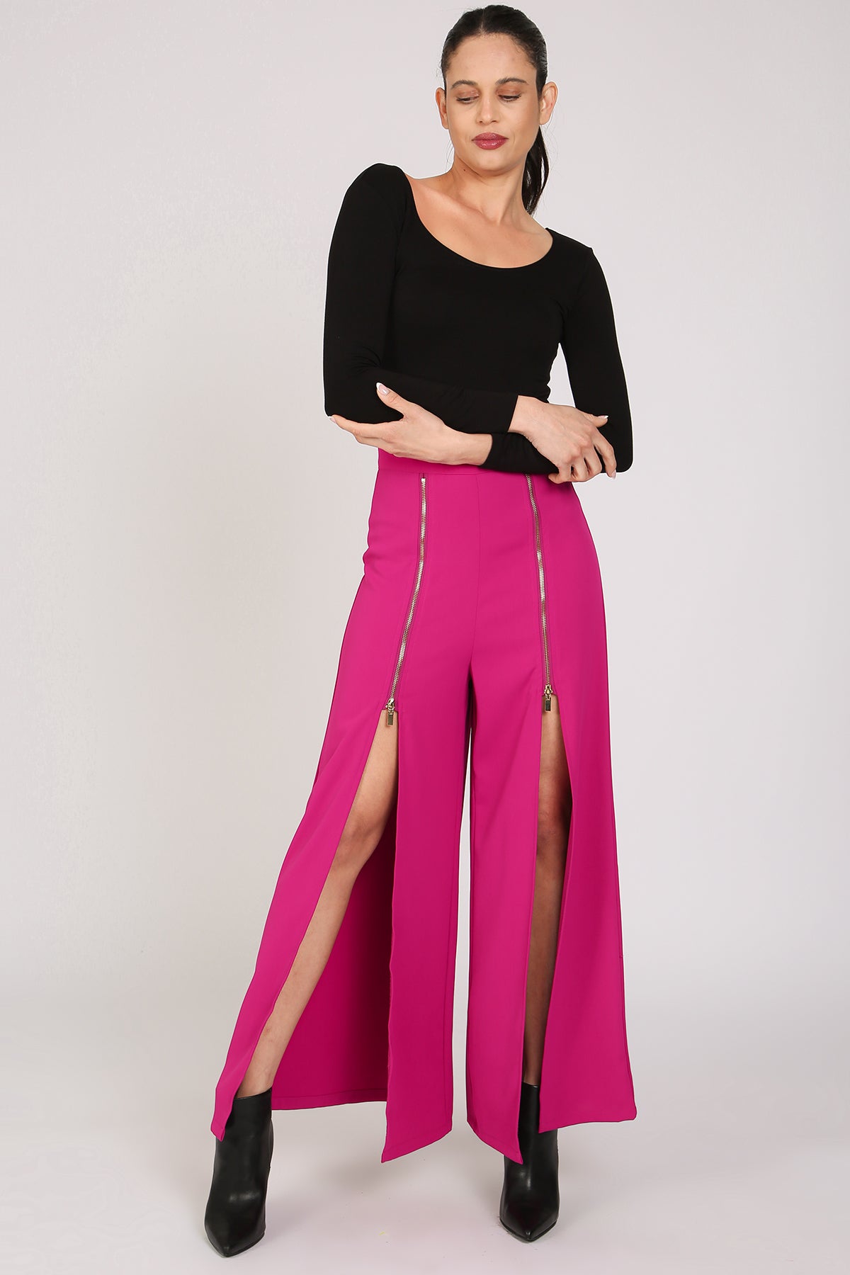 Macey Front Zippered Slit Details Wide Long Pants - Shop Beulah Style