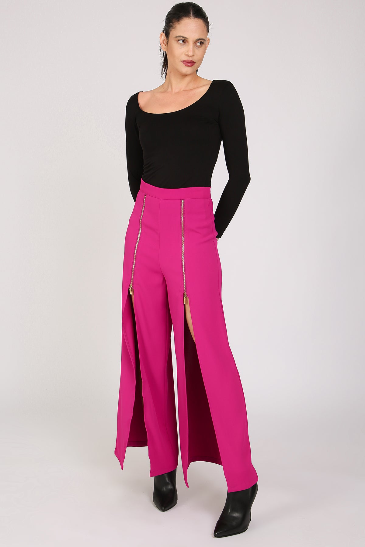 Macey Front Zippered Slit Details Wide Long Pants - Shop Beulah Style