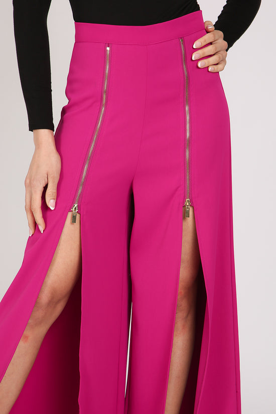 Macey Front Zippered Slit Details Wide Long Pants - Shop Beulah Style