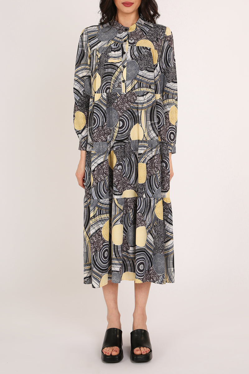 Iris Multi-Print Tiered A-Line Henley Midi Dress - Shop Beulah Style