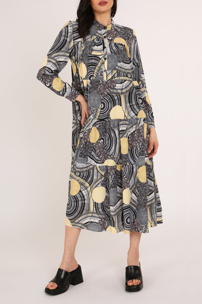 Iris Multi-Print Tiered A-Line Henley Midi Dress - Shop Beulah Style