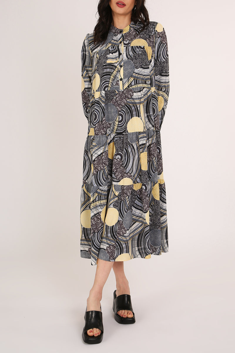 Iris Multi-Print Tiered A-Line Henley Midi Dress - Shop Beulah Style