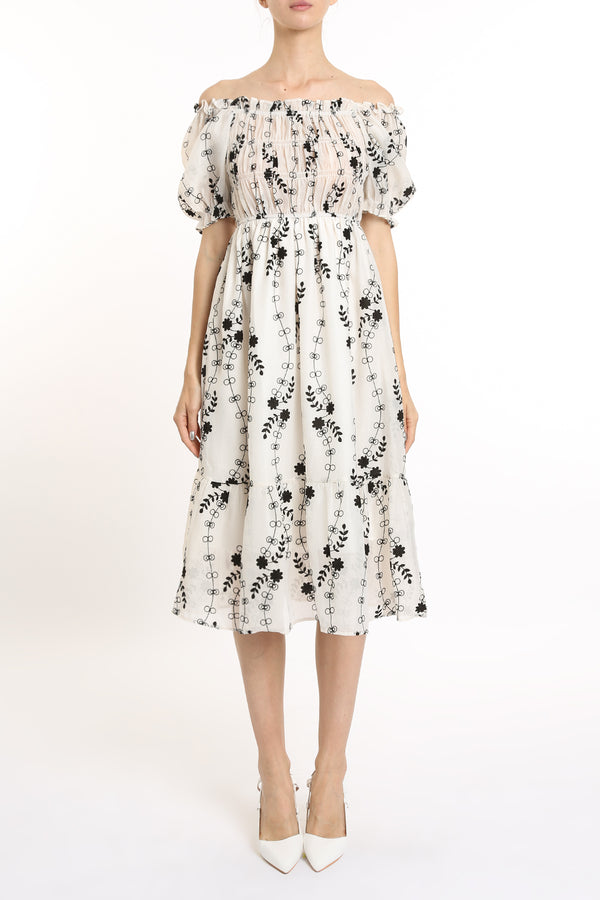Gemma Smocked Frill Trim Detail Floral Print Midi Dress