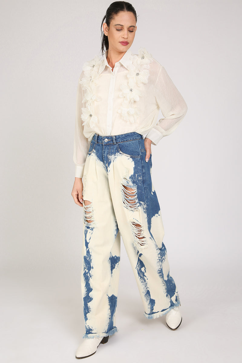 Dana Washed & Distressed Wide Fringed Trim Denim Pants
