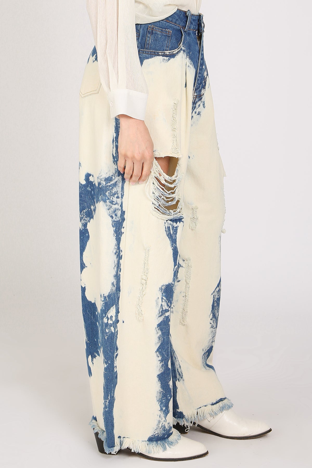 Dana Washed & Distressed Wide Fringed Trim Denim Pants - Shop Beulah Style