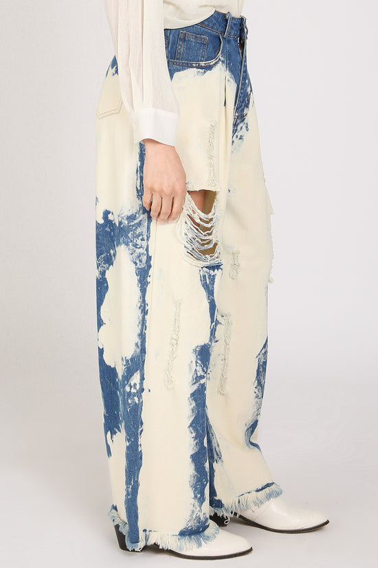 Dana Washed & Distressed Wide Fringed Trim Denim Pants - Shop Beulah Style