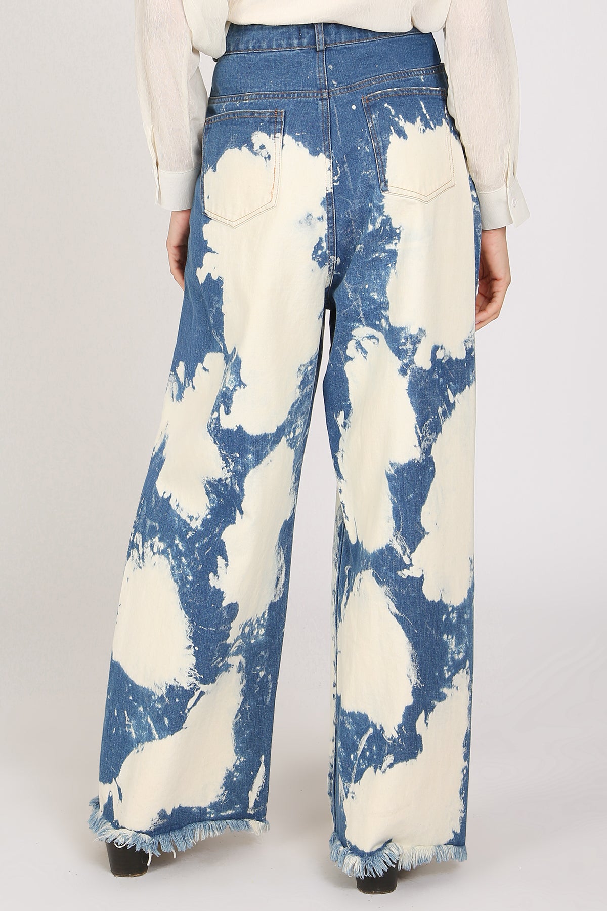 Dana Washed & Distressed Wide Fringed Trim Denim Pants - Shop Beulah Style