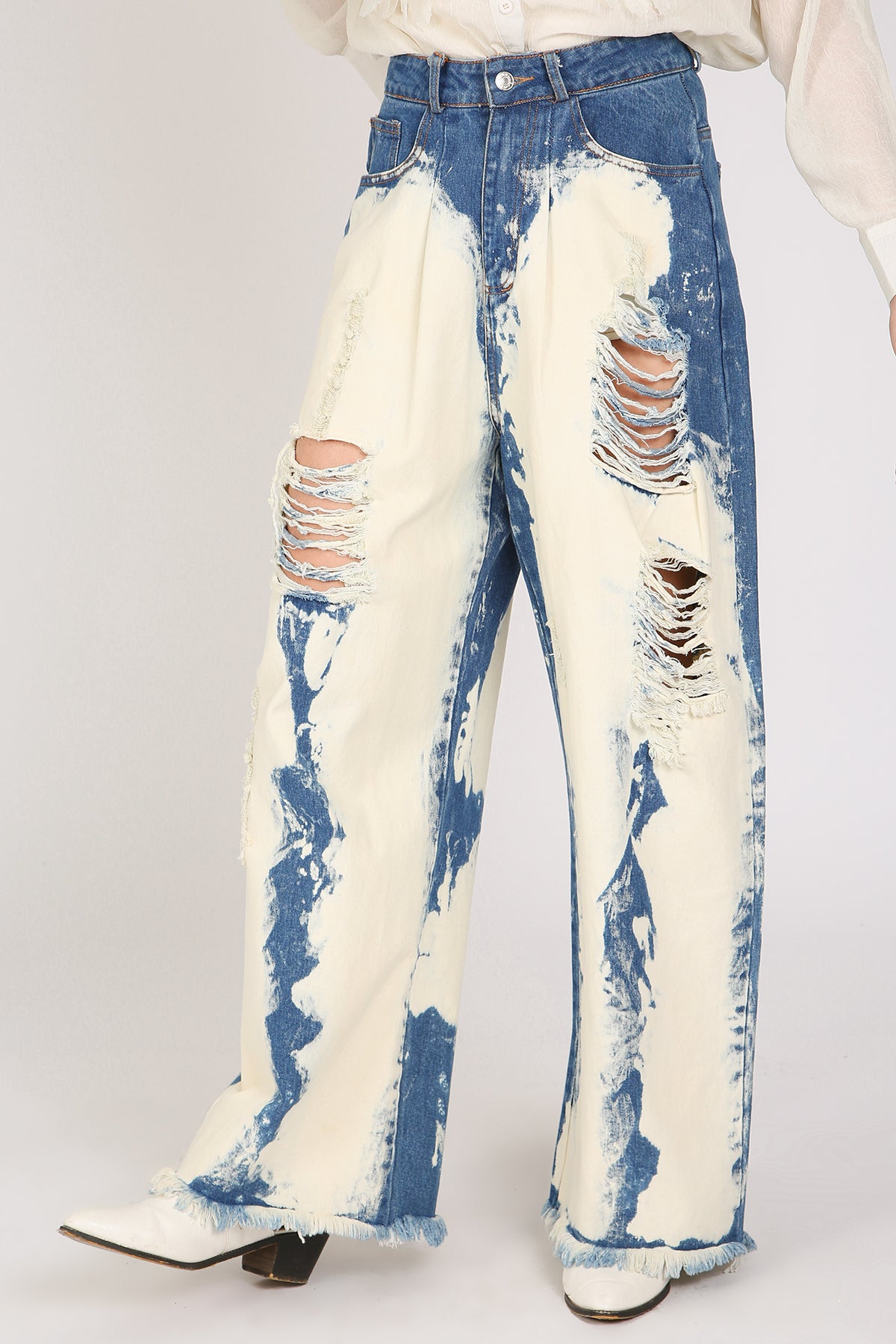 Dana Washed & Distressed Wide Fringed Trim Denim Pants - Shop Beulah Style