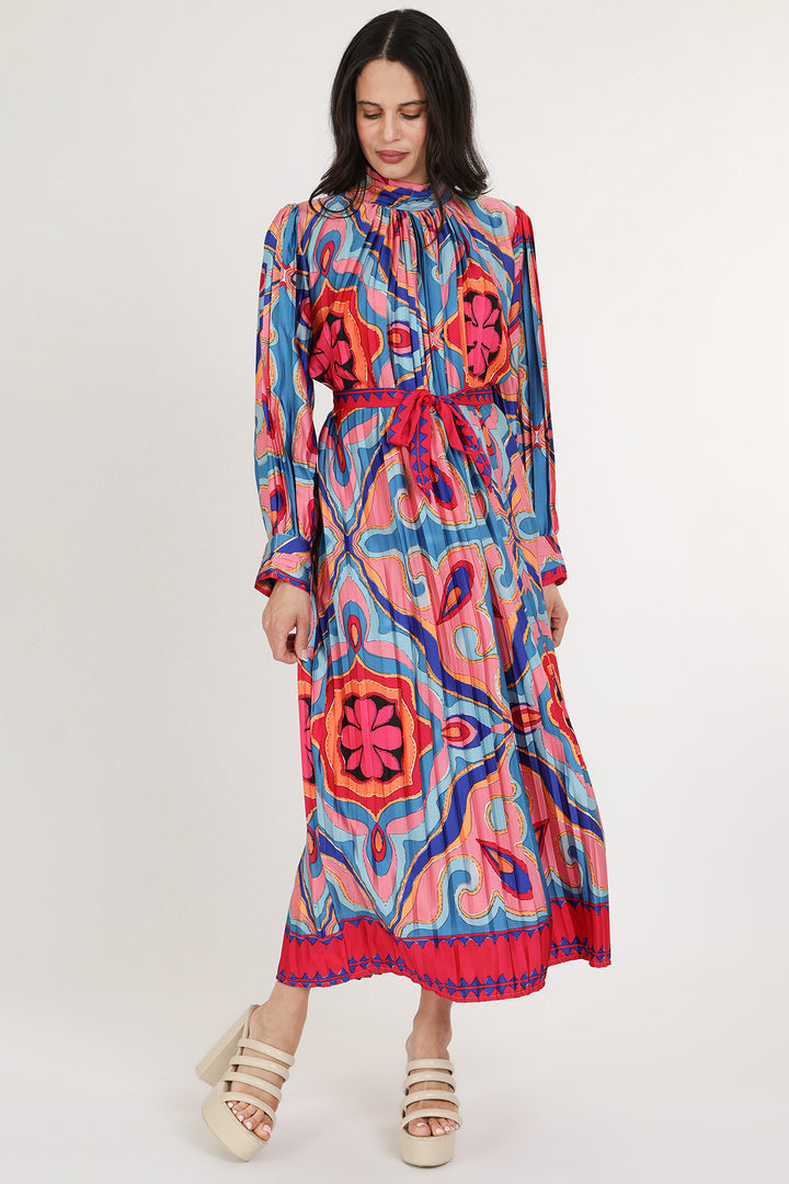 Sami Multicolor Abstract Printed Pleated Maxi Dress - Shop Beulah Style