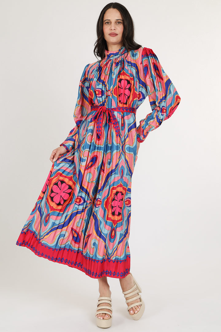 Sami Multicolor Abstract Printed Pleated Maxi Dress - Shop Beulah Style
