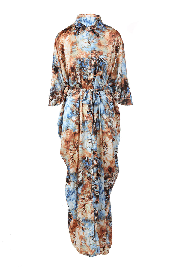 Ivy Multicolor Tie Dye Print Belted Maxi Shirt Dress