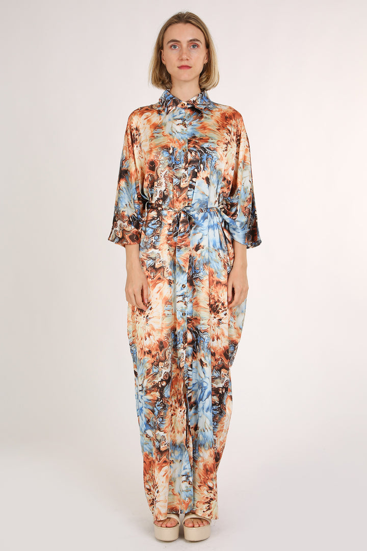 Ivy Multicolor Tie Dye Print Belted Maxi Shirt Dress