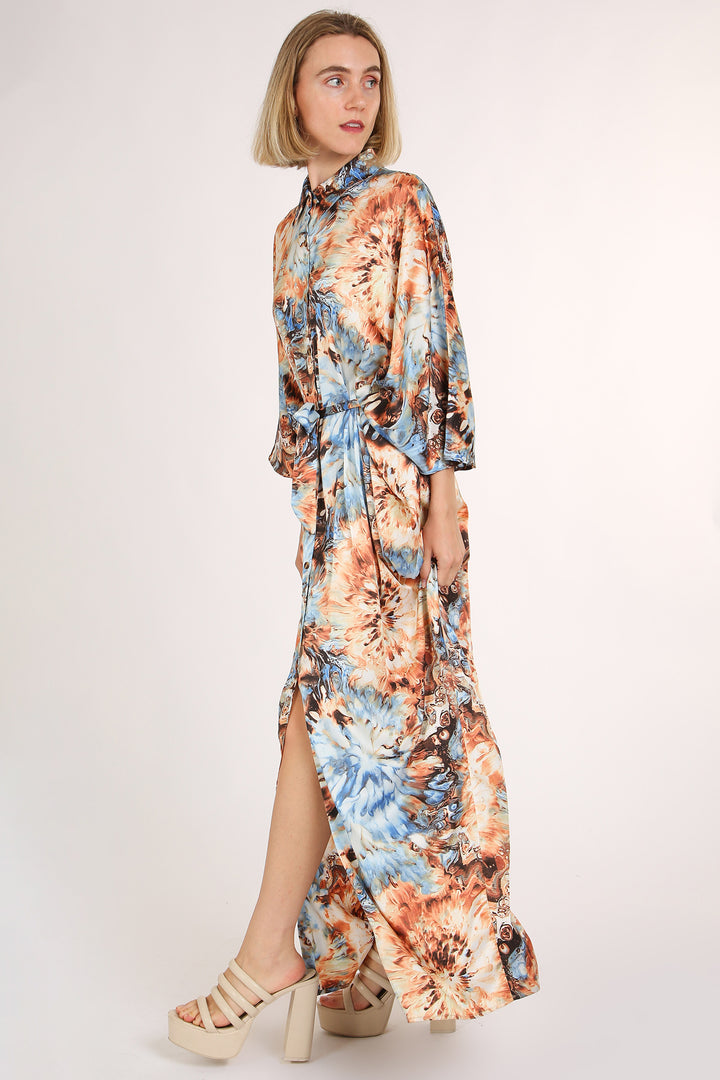 Ivy Multicolor Tie Dye Print Belted Maxi Shirt Dress